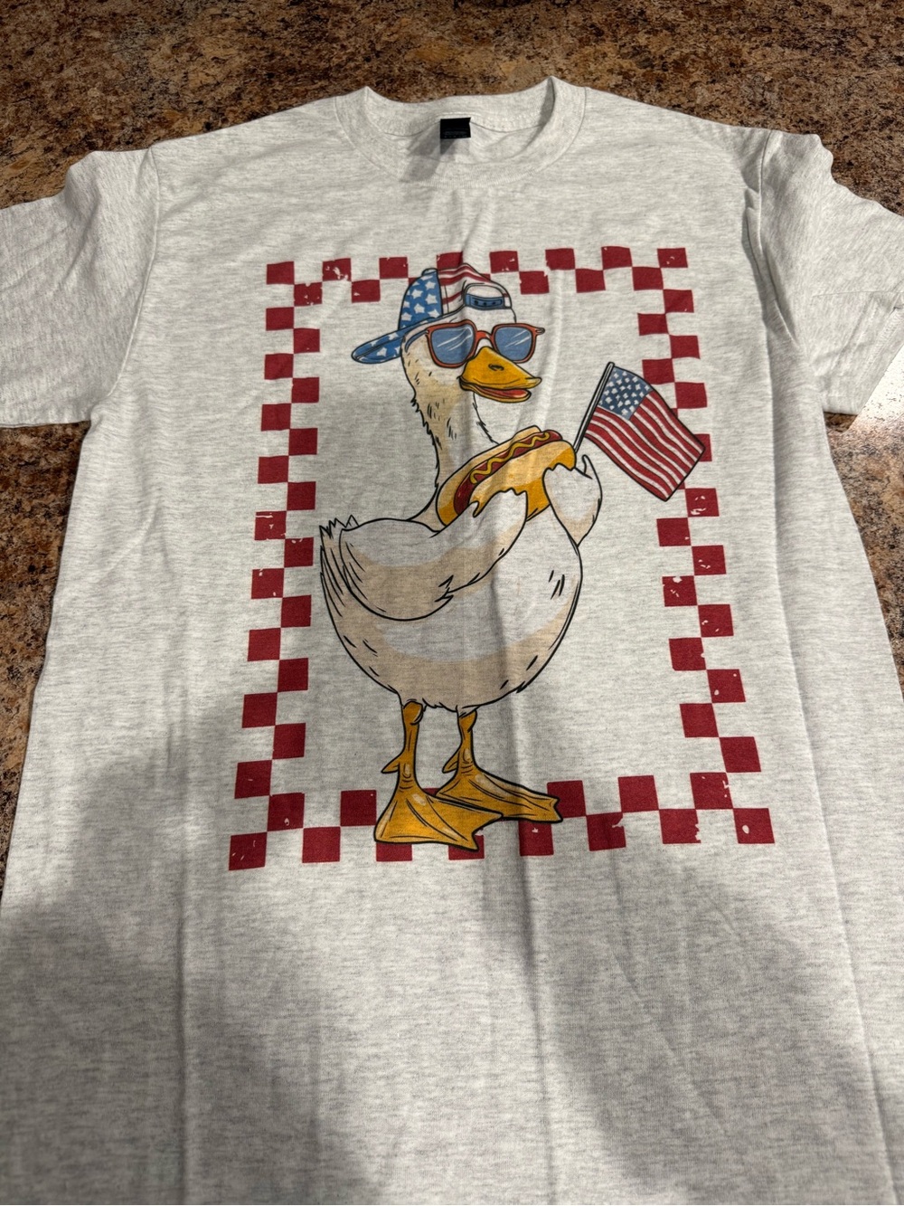 Gildan Gray Tee with Patriotic Duck and Red Checker Accent